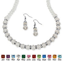 Beaded Simulated Birthstone Necklace and Earrings Set in Silvertone