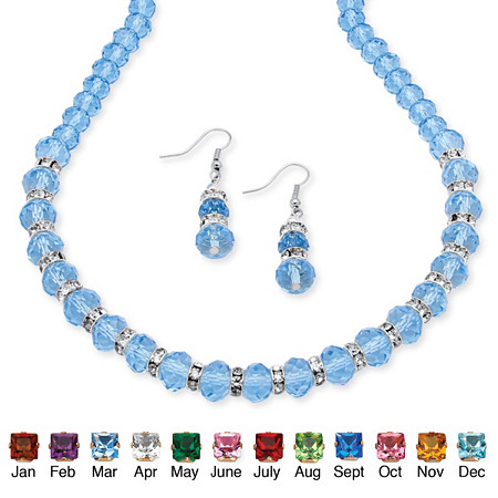Beaded Simulated Birthstone Necklace and Earrings Set in Silvertone at PalmBeach Jewelry