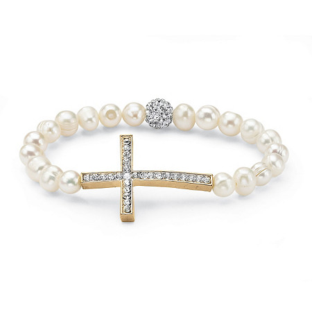 Genuine Cultured Pearl and Crystal Horizontal Cross Stretch Bracelet in Yellow Gold Tone 8" at PalmBeach Jewelry