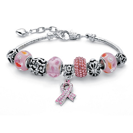 Breast Cancer Awareness Pink Crystal Bali-Style Half Beaded Bracelet Adjustable in Silvertone 8"-10" at PalmBeach Jewelry