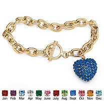 Crystal Heart Charm Simulated Birthstone Toggle Bracelet in Yellow Gold Tone