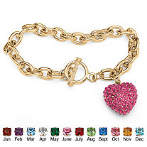 Crystal Heart Charm Simulated Birthstone Toggle Bracelet in Yellow Gold Tone