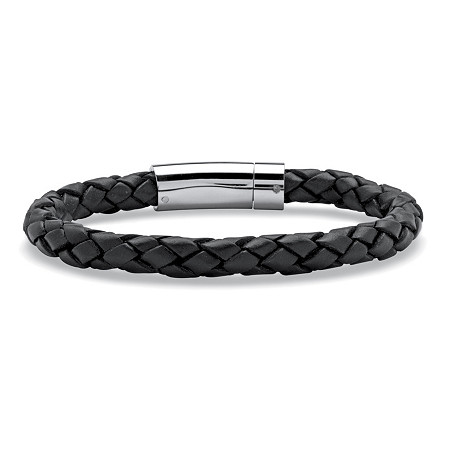 Men's Black Leather Bracelet with Stainless Steel Slip Lock Closure 9" at PalmBeach Jewelry