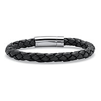 Men's Black Leather Bracelet with Stainless Steel Slip Lock Closure 9"