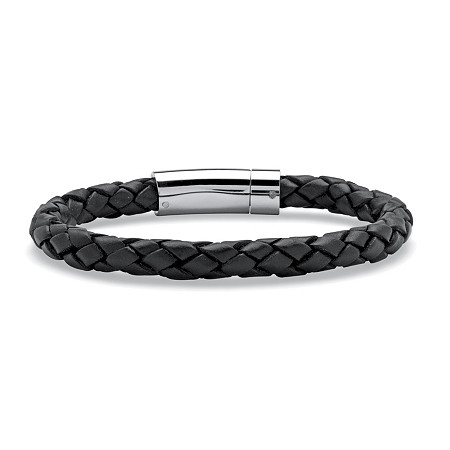 Men's Black Leather Bracelet with Stainless Steel Slip Lock Closure 10" at Direct Charge presents PalmBeach