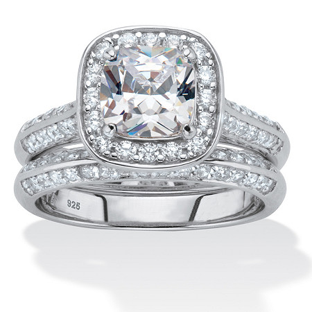 2.08 TCW Cushion-Cut Cubic Zirconia Platinum over .925 Silver 2-Piece Halo Bridal Ring Set at PalmBeach Jewelry