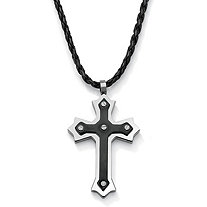 Men's Cross Pendant and Cord Necklace in Stainless Steel and Black IP Stainless Steel 30