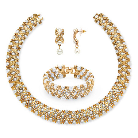 Simulated Pearl and Crystal 3-Piece "X" Necklace, Earrings and Bracelet Set in Yellow Gold Tone 18" at PalmBeach Jewelry