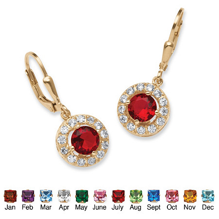 Simulated Birthstone Halo Drop Earrings in Gold-Plated Sterling Silver at PalmBeach Jewelry