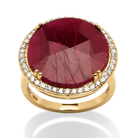 14.35 TCW Round Ruby and Cubic Zirconia Halo Ring in 18k Gold over Sterling Silver at PalmBeach Jewelry