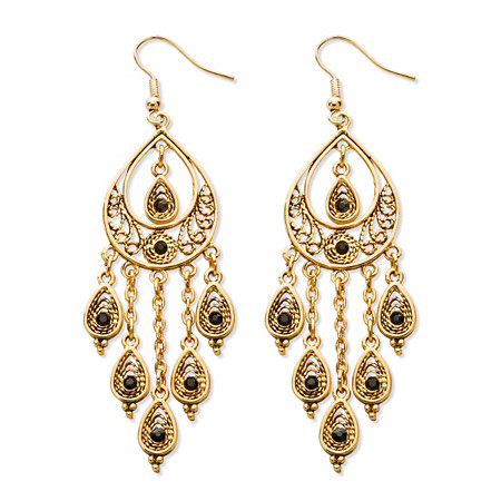 Black Crystal Teardrop and Chain Chandelier Earrings in Yellow Gold Tone at PalmBeach Jewelry