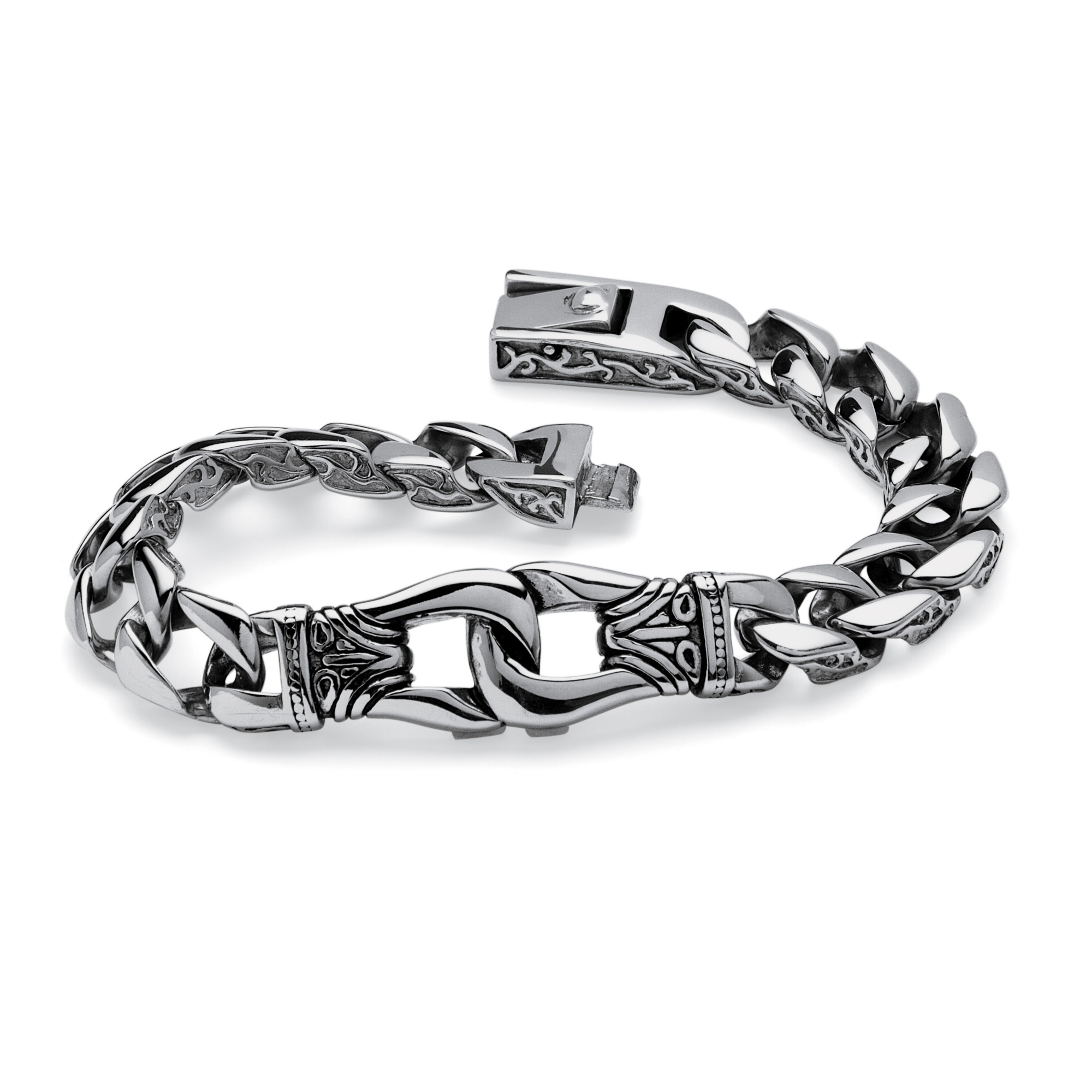 Men's Tribal Design Curb-Link Bracelet in Stainless Steel 9