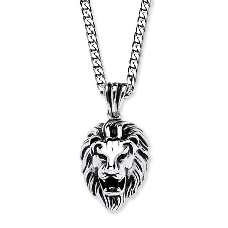 Lion's Head Pendant and Chain in Antiqued Stainless Steel 24" at PalmBeach Jewelry
