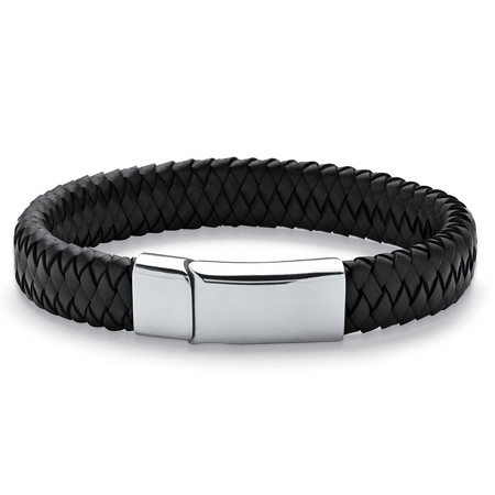 Men's Black Woven Leather and Stainless Steel Bracelet with Magnetic Closure 9" at PalmBeach Jewelry