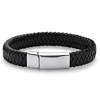 Men's Black Woven Leather and Stainless Steel Bracelet with Magnetic Closure 9