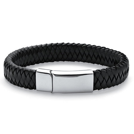 Men's Braided Leather Bracelet in Stainless Steel 10" at Direct Charge presents PalmBeach