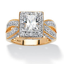 2.02 TCW Emerald-Cut Cubic Zirconia Milgrain Double Shank Ring in 14k Gold over Sterling Silver