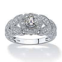 .53 TCW Round Cubic Zirconia Flower Miligrain Ring in Platinum over Sterling Silver