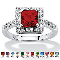 Princess-Cut Simulated Birthstone Halo Ring in .925 Sterling Silver