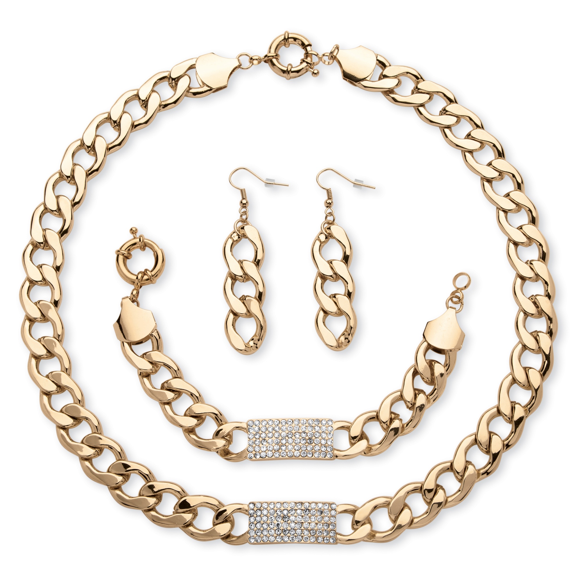 3Piece CurbLink Crystal I.D. Necklace, Bracelet And Drop Earrings Set