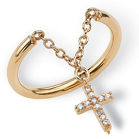 Cubic Zirconia Accented Hanging Cross Ring in 14k Gold over Sterling Silver at PalmBeach Jewelry