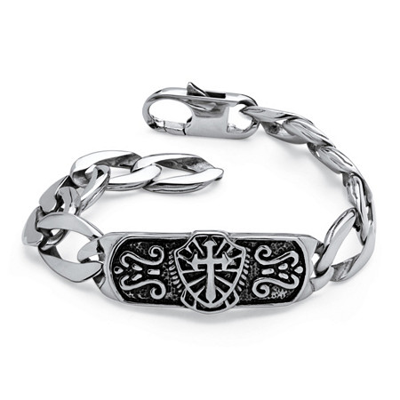 Men's Cross and Shield I.D. Link Etched Bracelet in Antiqued Stainless Steel 10" at PalmBeach Jewelry