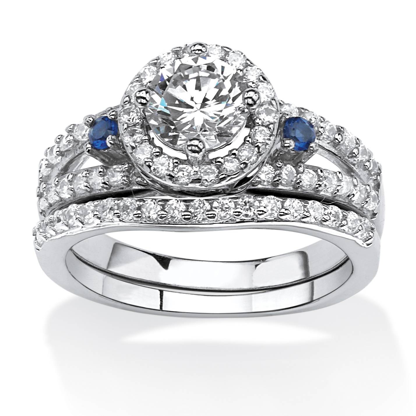 1.72 TCW CZ and Created Sapphire Halo Bridal Set in Platinum Over .925 ...