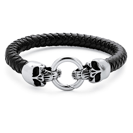 Men's Stainless Steel and Black Leather Linking Skull Bracelet 9" at Direct Charge presents PalmBeach