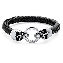 SETA JEWELRY Men's Stainless Steel and Black Leather Linking Skull Bracelet 9