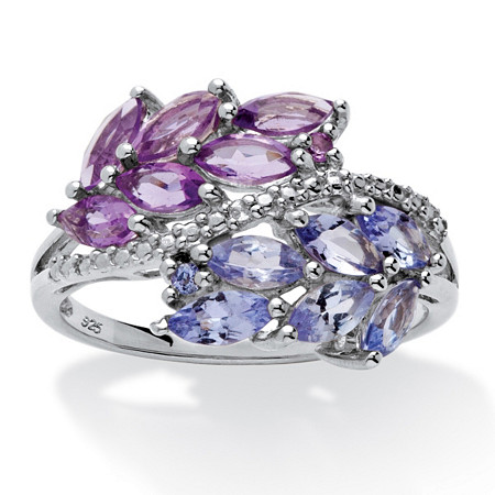 1.38 TCW Marquise-Cut Genuine Amethyst and Tanzanite Leaf Motif Ring in .925 Sterling Silver at PalmBeach Jewelry