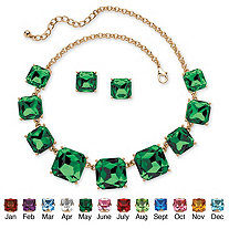 Cushion-Cut Simulated Birthstone Crystal 2-Piece Necklace and Stud Earrings Set in Gold Tone Adjustable 18"-21"