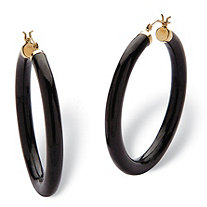 Genuine Black Jade Hoop Earrings in 14k Yellow Gold (1 3/4