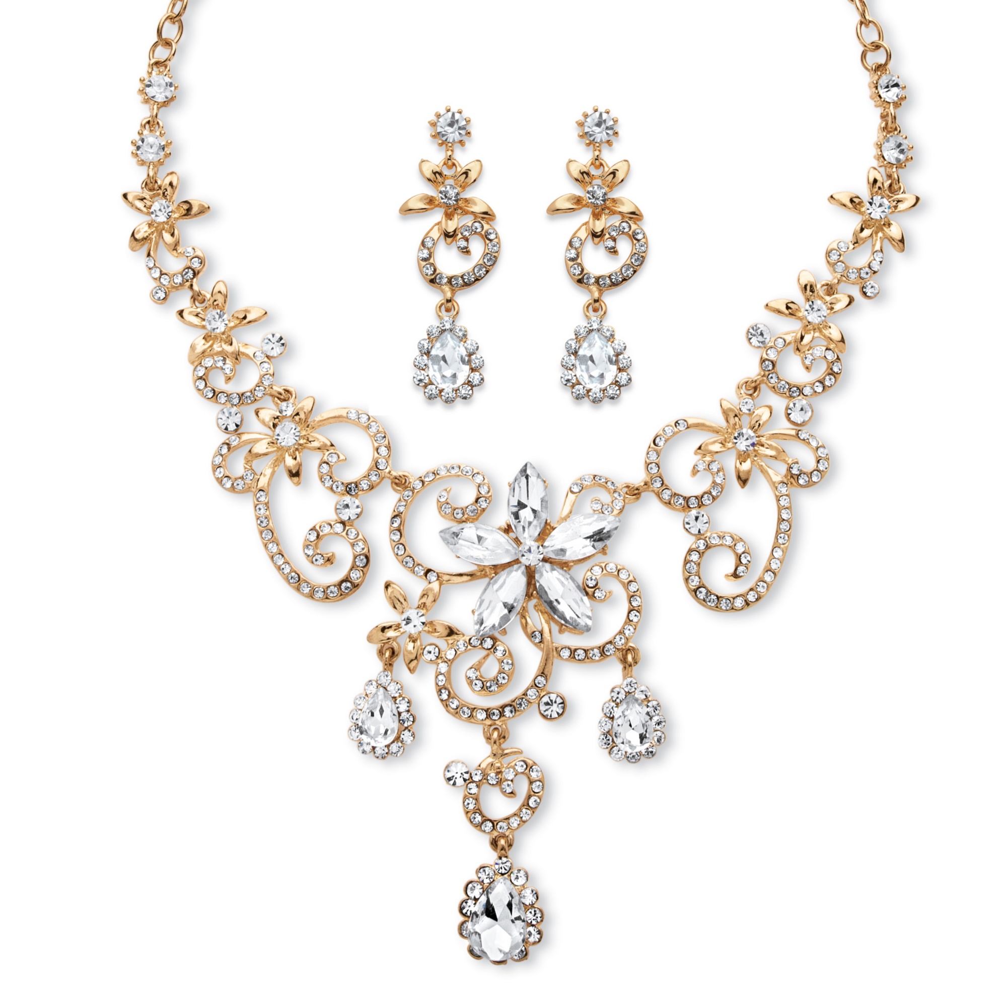 Pear and Marquise-Cut White Crystal Scroll Necklace and Earrings Set in ...