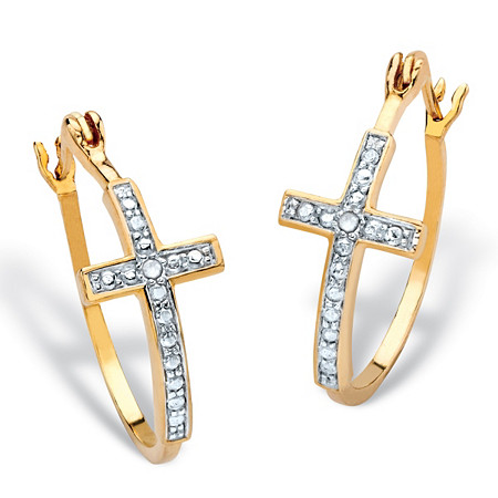 White Diamond Accent Two-Tone Cross Hoop Earrings 18k Gold-Plate (1 1/4") at PalmBeach Jewelry