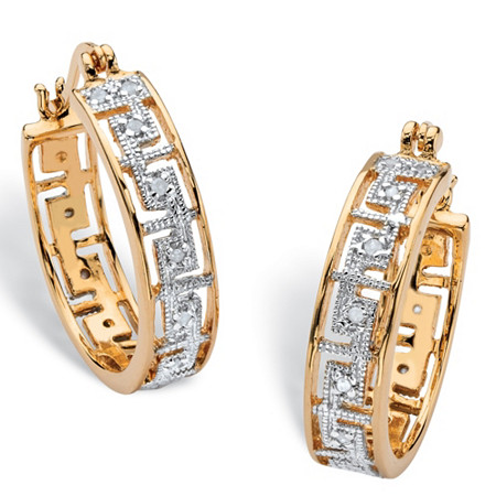 Diamond Accent Greek Key Hoop Two-Tone Earrings Yellow Gold-Plated (1") at PalmBeach Jewelry