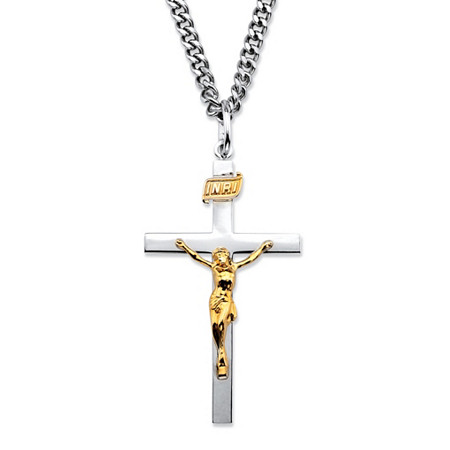 Two-Tone INRI Crucifix Pendant Necklace in 14k Gold over Sterling Silver with Stainless Steel Chain at PalmBeach Jewelry