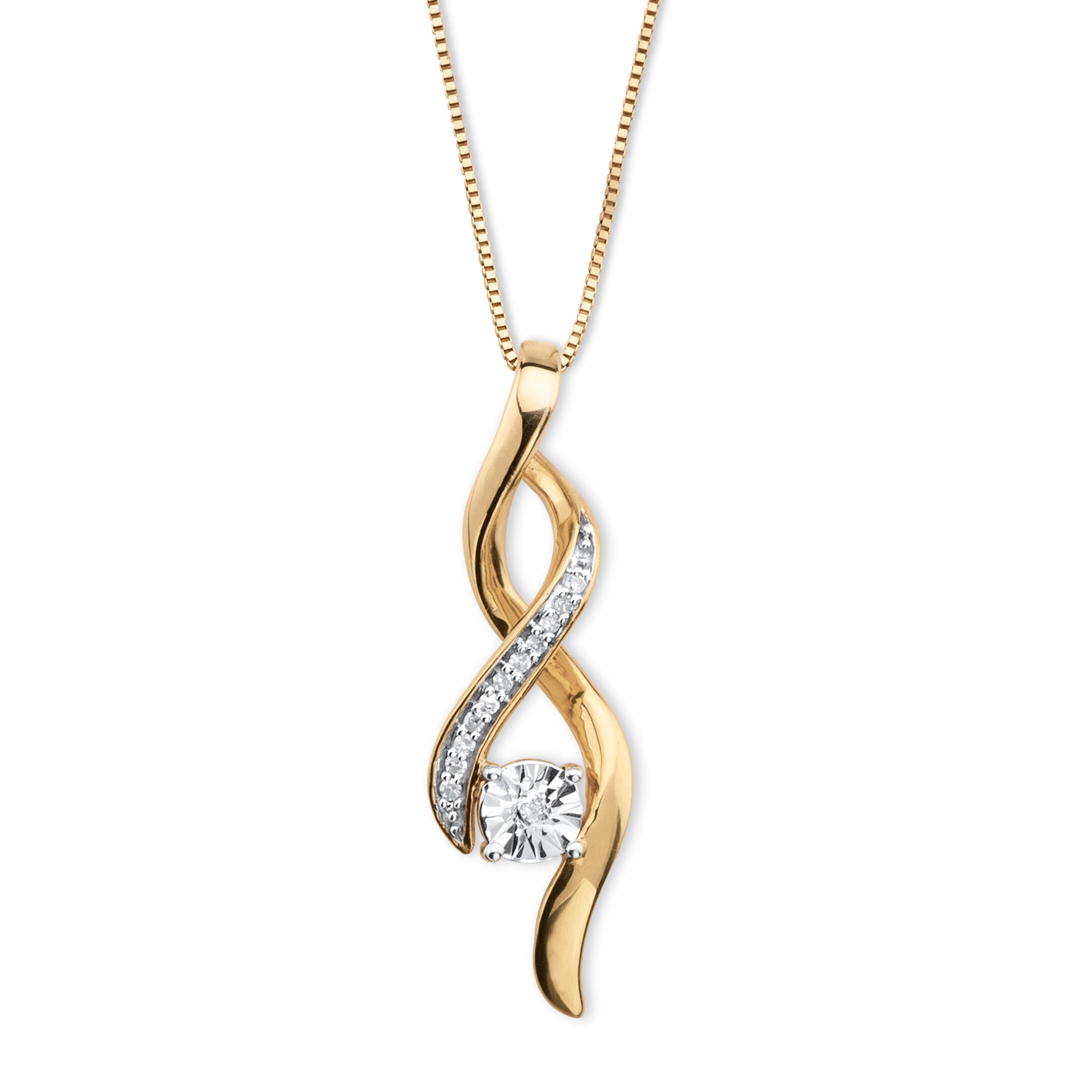 Round Diamond Accent Ribbon Twist Drop Pendant Necklace in 14k Gold