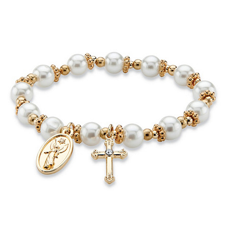 Round Simulated Pearl and Beaded Religious Stretch Bracelet in Gold Tone 7" at PalmBeach Jewelry