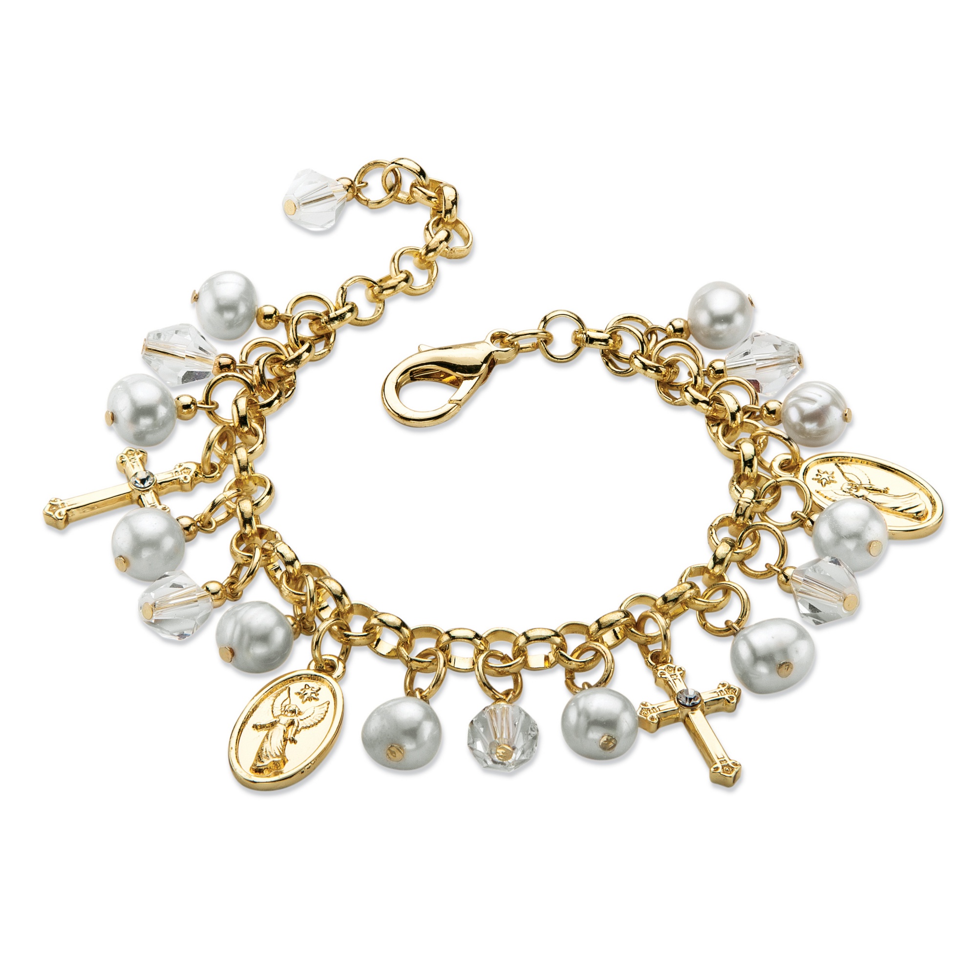 Round Simulated Pearl and Crystal Religious Charm Bracelet in Gold Tone