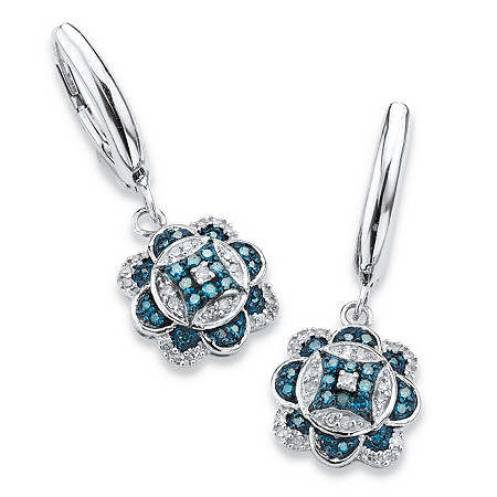 1/4 TCW Enhanced Blue and White Diamond Floral Motif Drop Earrings in Platinum over Sterling Silver at PalmBeach Jewelry