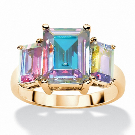 5.60 TCW Emerald-Cut Aurora Borealis Cubic Zirconia 3-Stone Ring Yellow Gold-Plated at PalmBeach Jewelry