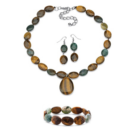 Genuine Brown Tiger's Eye and Green Jasper Necklace, Earrings and Bracelet Set Silvertone 18" at PalmBeach Jewelry