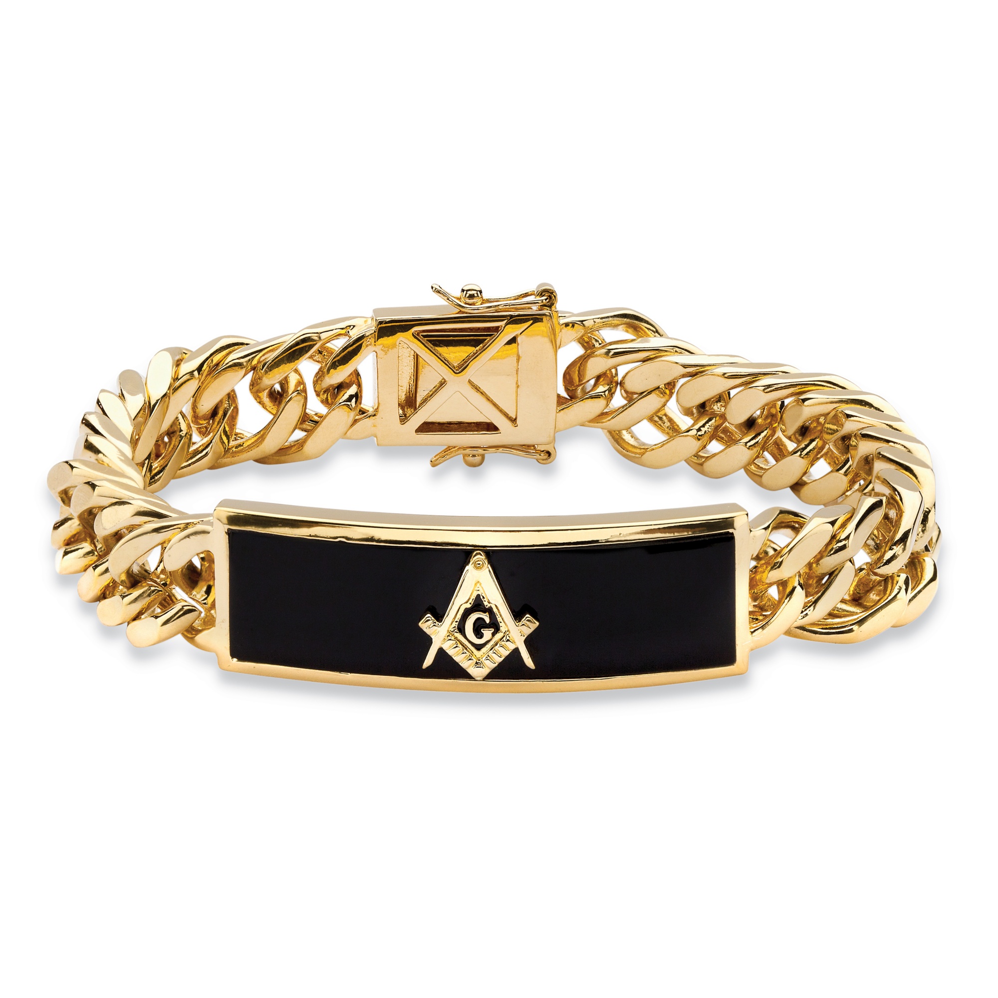 Men&#39;s Genuine Black Onyx Masonic Insignia Curb-Link Bracelet 14k Gold-Plated 8&quot; at PalmBeach Jewelry
