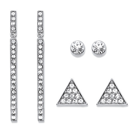 Triangle, Linear and Round White Crystal 3-Pair Cluster Stud and Drop Earrings Set in Silvertone 1.75" at PalmBeach Jewelry