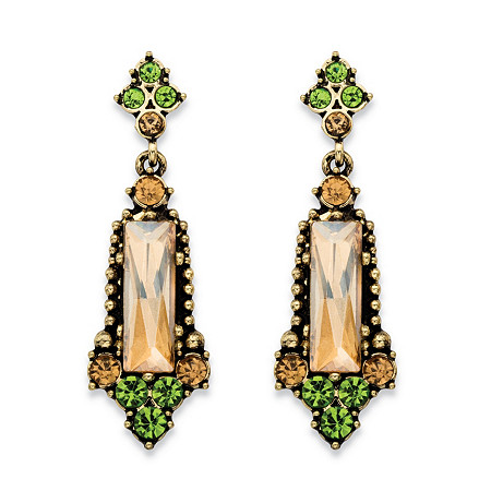 Baguette-Cut Champagne and Round Green Faceted Crystal Vintage-Style Drop Earrings in Antiqued Gold Tone 2" at PalmBeach Jewelry
