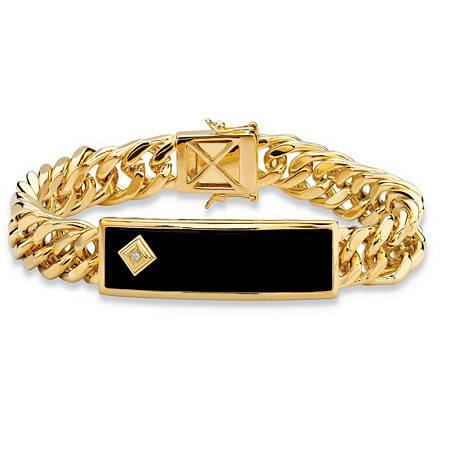 Men's Genuine Black Onyx and Diamond Accent Curb-Link Bracelet Gold-Plated 8" at PalmBeach Jewelry