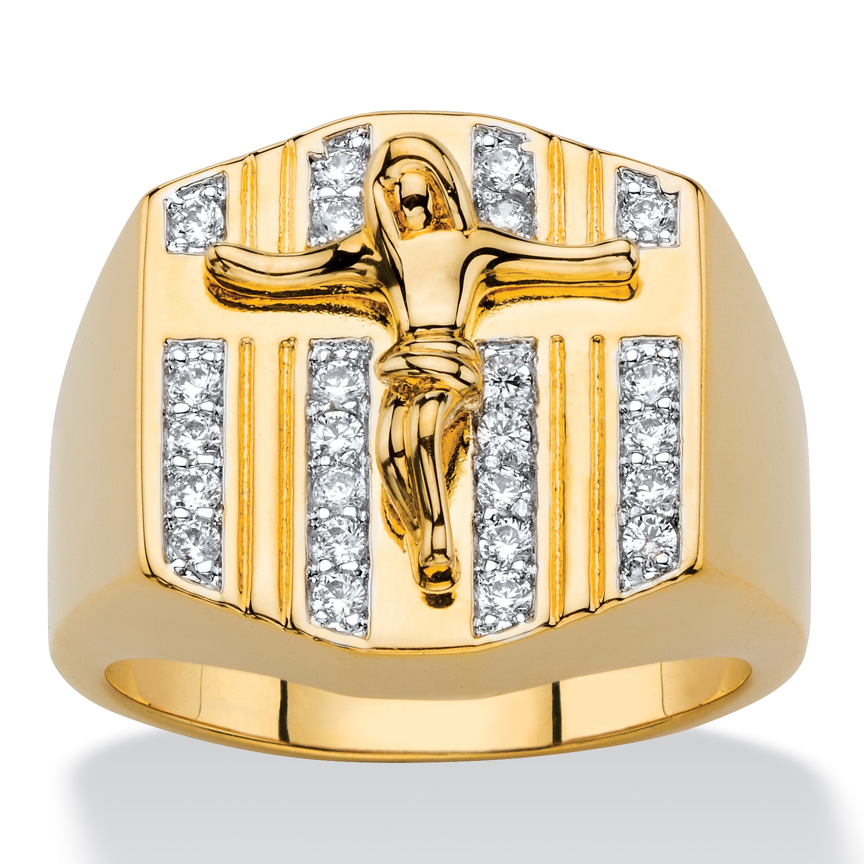 Men's .36 TCW Round Cubic Zirconia Multi-Row Crucifix Ring 14k Gold ...