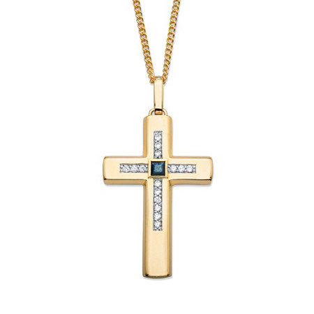 .90 TCW Square-Cut Genuine Blue Sapphire and Cubic Zirconia Cross Pendant Necklace Gold-Plated 22" at PalmBeach Jewelry