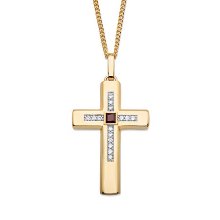 .95 TCW Square-Cut Genuine Red Garnet and Cubic Zirconia Cross Pendant Necklace Gold-Plated 22" at PalmBeach Jewelry