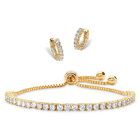5.40 TCW Round Cubic Zirconia 2-Piece Set of Eternity Huggie-Hoop Earrings and Adjustable Drawstring Bracelet Gold-Plated 10" at PalmBeach Jewelry